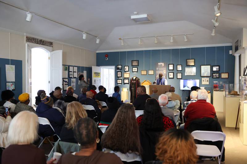 Rev. K. Edward Copeland, son of the late Kankakee civil rights leader Rev. William Copeland, speaks to the crowd of over 100 during the opening of the exhibit 'Called to Kankakee: The Life and Legacy of the Rev. William H. Copeland Jr.' at the Kankakee County Museum on Saturday, Feb. 7, 2026.