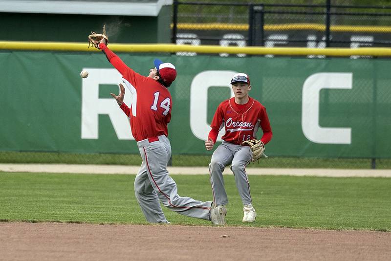 Oregon’s Miley Smith is unable to haul in a catch against Rock Falls Tuesday, May 2, 2023.