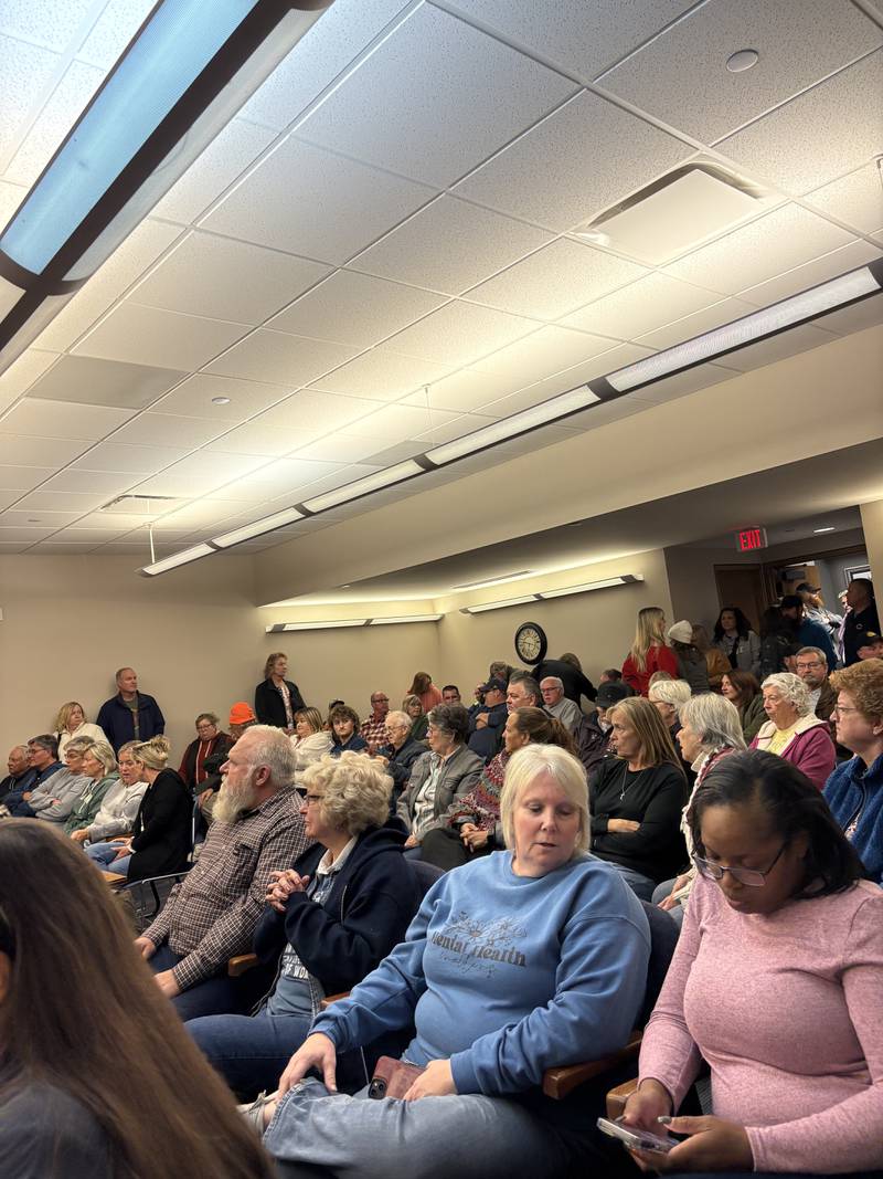 A crowd fills the Streator City Council chambers on Tuesday, Oct. 15, 2024, to discuss the recent increase in gun fire reports within the community.