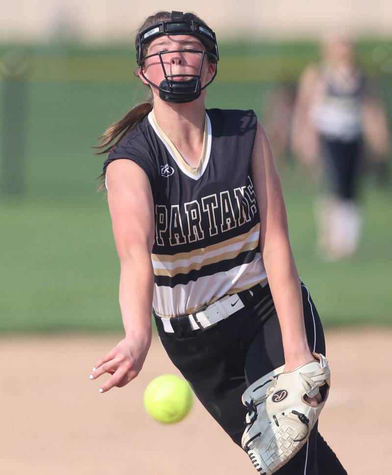 Sycamore's Addison Dierschow fires a pitch during their game against Dixon Thursday, May 12, 2022, at Sycamore High School.