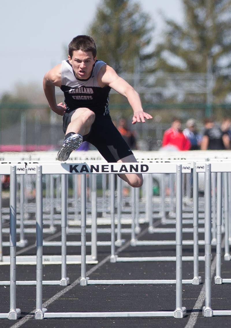 Kaneland's Brock Robertson Competes in the 110 Meter Hurdles during The Peterson Prep Track Meet Saturday, April 26, 2014, at Kaneland High School in Maple Park.