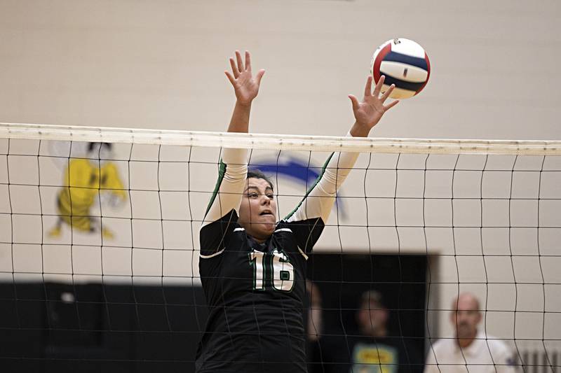 Rock Falls’ Taylor Reyna goes up for a block against Chicago Christian Friday, Nov. 3, 2023 in the class 2A volleyball supersectional in Sandwich.
