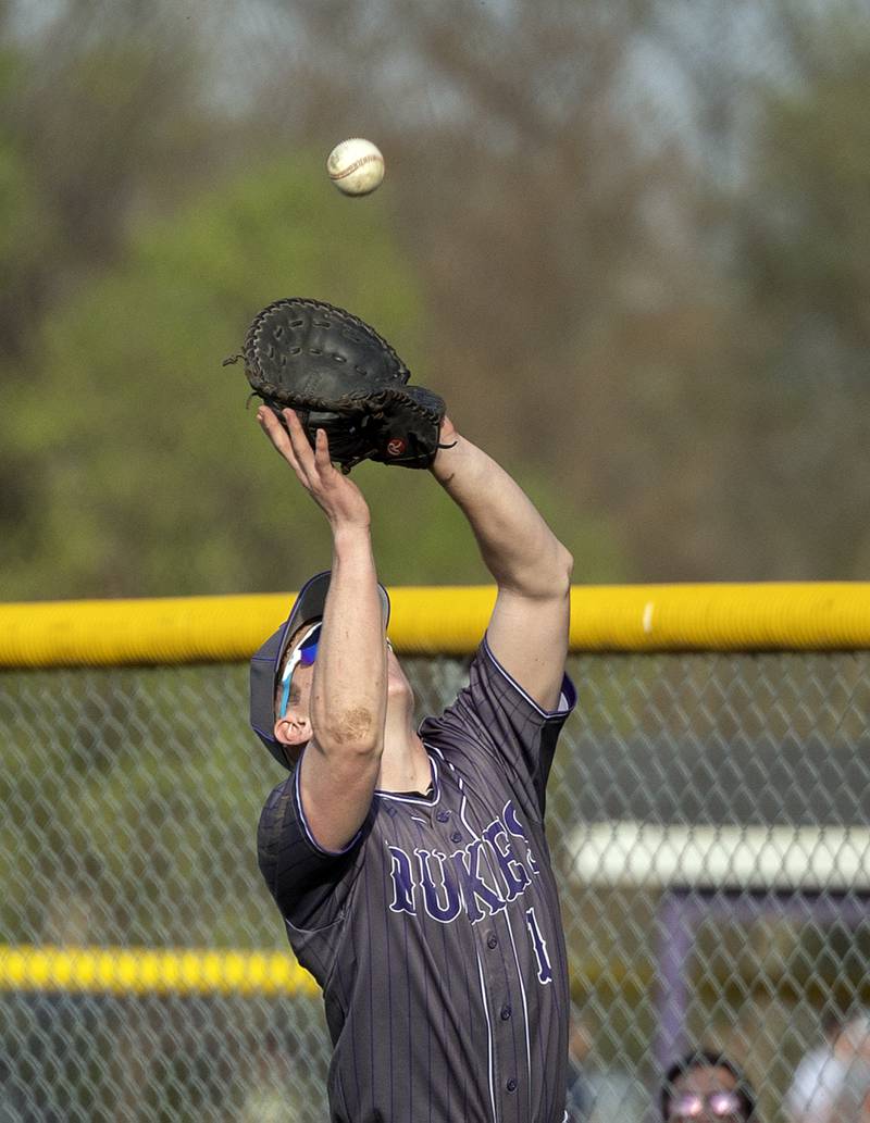 Dixon’s Jake Whelan camps under a pop-up against Oregon Thursday, April 24, 2025.