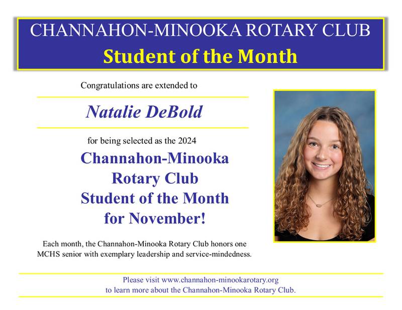 Channahon-Minooka Rotary Student of the Month Natalie DeBold.