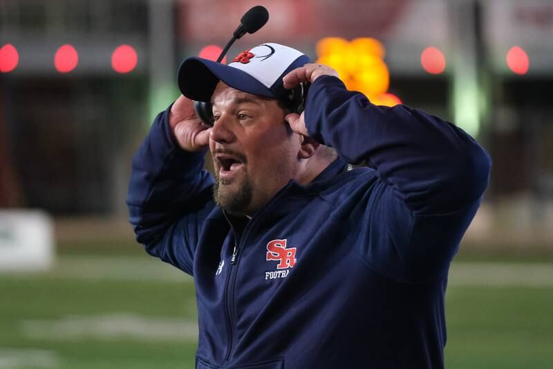 St. Rita head coach Todd Kuska has words with the referee against Wheaton North in the Class 7A state championship at NIU Huskie Stadium. Saturday, Nov. 27, 2021 in Dekalb.