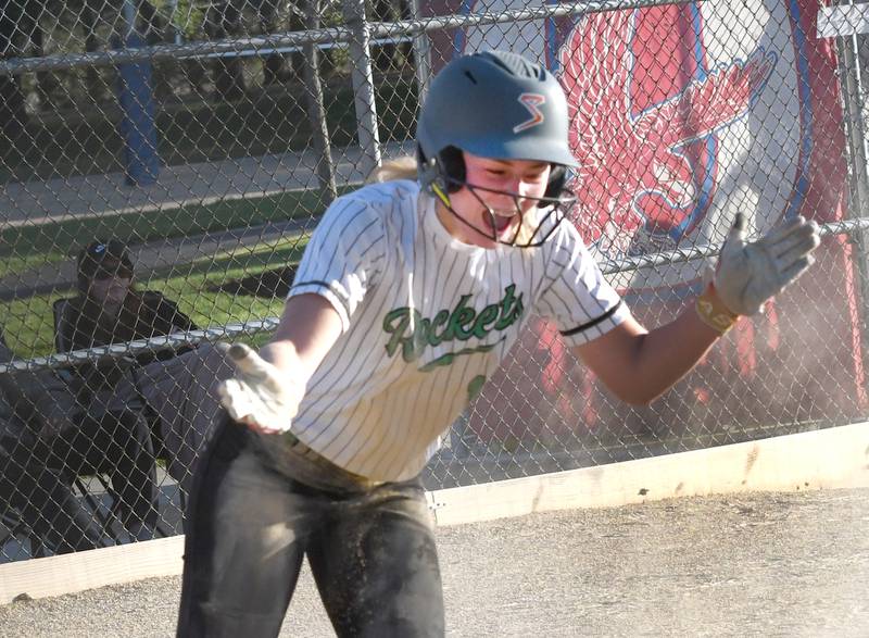 Rock Falls' Zoey Silva celebrates after crossing home plate to give the Rockets their first run against Winnebago at the 2A Oregon Regional semifinal on Wednesday, May 20, 2026.