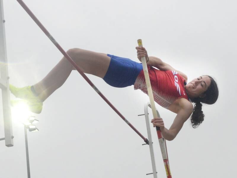 Oregon's Sonya Plescia tries to clear the bar in the pole vault at the 1A Winnebago Sectional on Friday, May 12. Plescia finished first in the event.