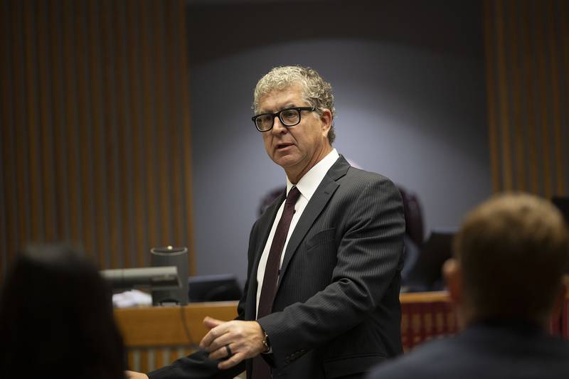 Defense attorney Michael Kujawa delivers his opening statement Tuesday, Nov. 4, 2025, in defense of his clients, retired Rock Falls Fire Chief Cris Bouwens and current Chief Ken Wolf.