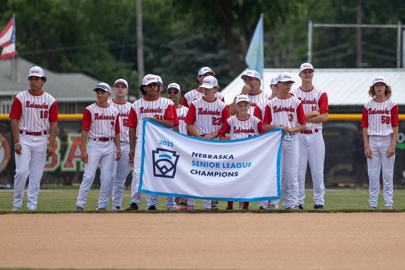Nebraska Senior League Champions gather during the Central Region Tournament, opening Ceremony on Friday, July 11, 2025 at Washington Park in Peru.