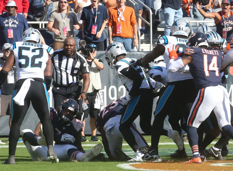 A scuffle breaks out between the Chicago Bears and the Carolina Panthers on Sunday, Oct. 6, 2024 at Soldier Field in Chicago.