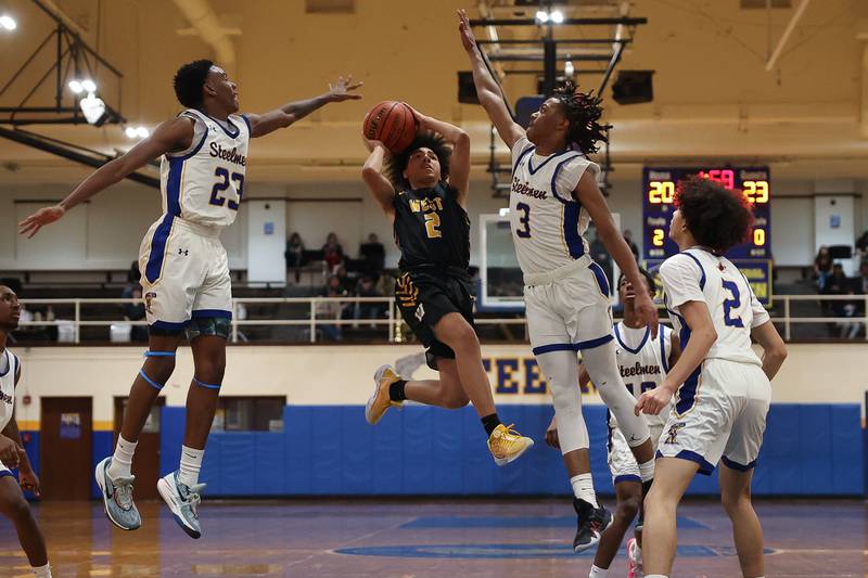 Joliet West’s Corey Nobles goes in for the basket against Joliet Central on Saturday, Jan. 27th, 2024 in Joliet.