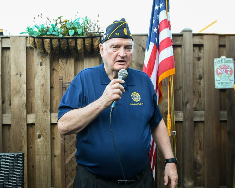 Larry Behrens, who came up with the idea to have the 50/50 raffle for the Geneva American Legion, says a few words before the drawing Thursday Aug. 21, 2025, held at Whiskey Bend in St. Charles.