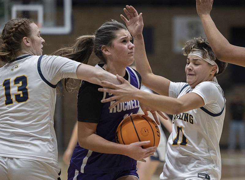 Rochelle’s Audriana Rodriguez works in the lane against Sterling Tuesday, Jan. 6, 2026.
