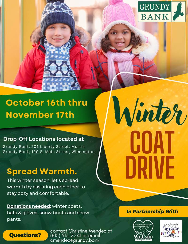 The flyer for the Grundy Bank winter coat drive.