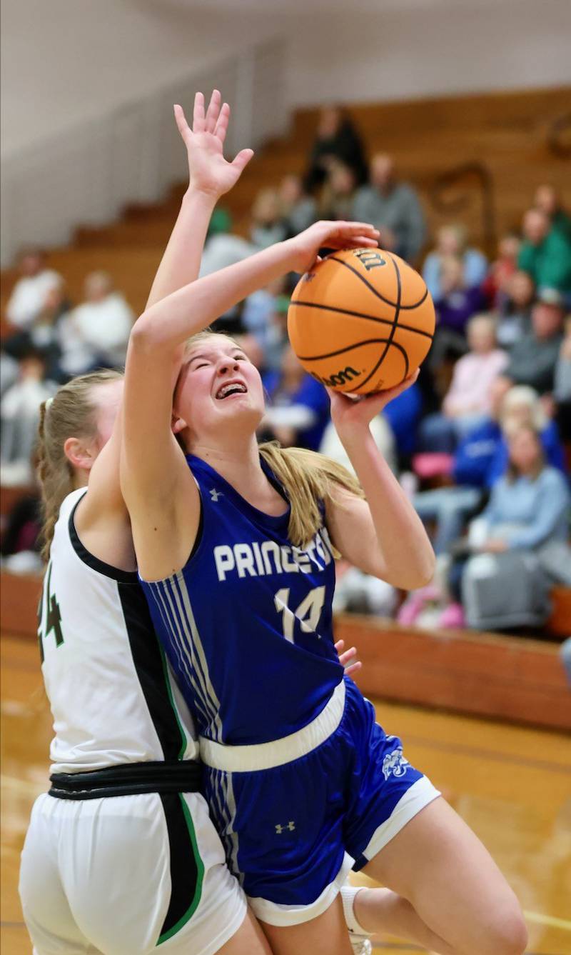 Princeton's Payton Brandt shoots against Alleman in Thursday's regional championship game at Prouty Gym. The Pioneers won 40-27.