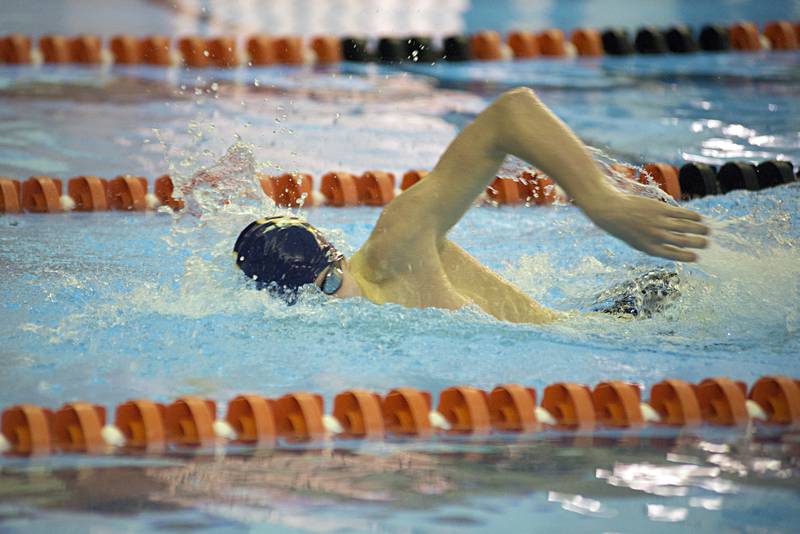 Sterling’s Mason Adams swims in the 200 yard freestyle race Tuesday, Jan. 18, 2022 in Byron.