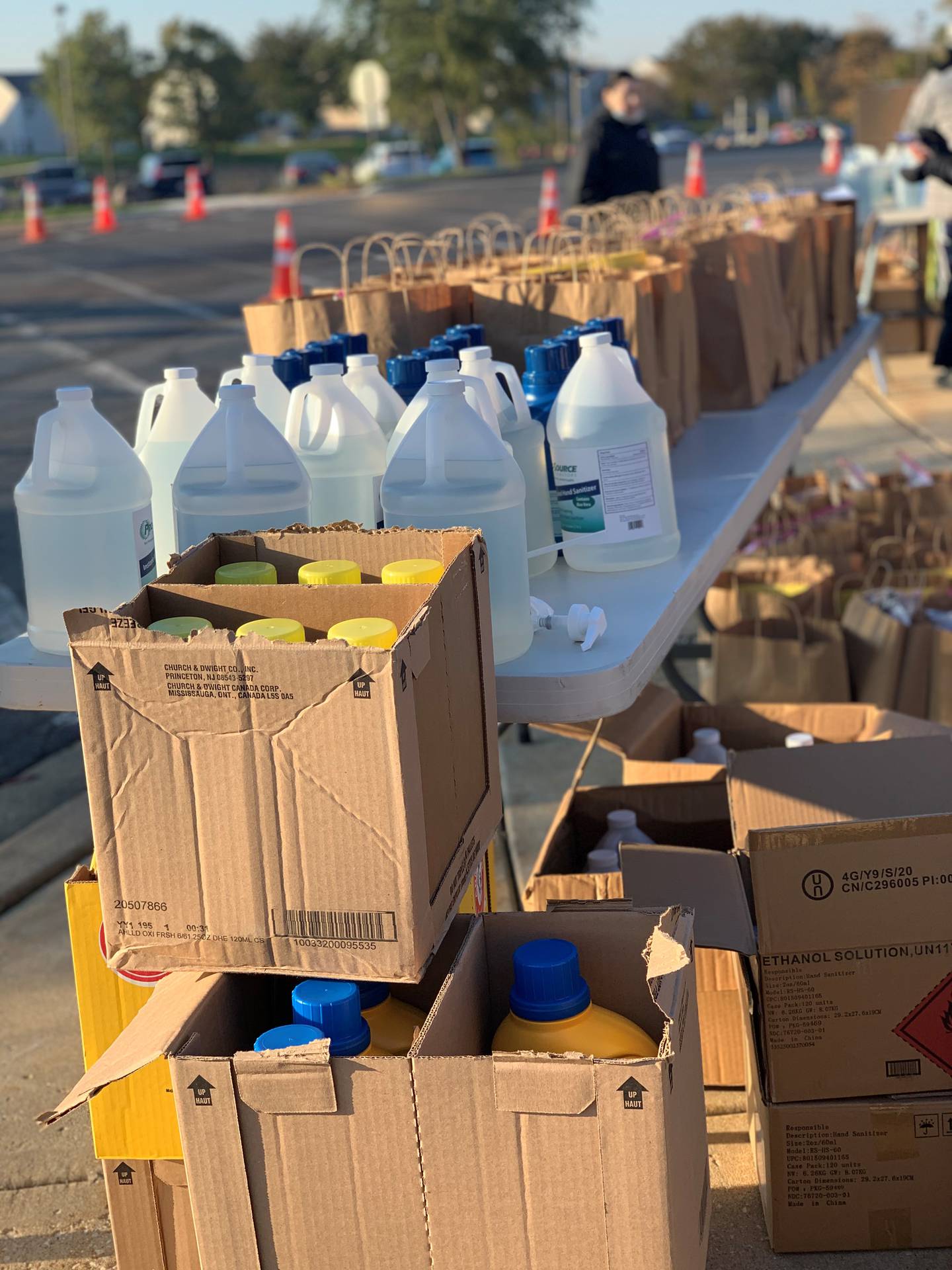 United Way of Will Country prepares to distribute hygiene items during a Curbside Family Support Day event.